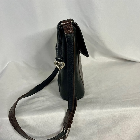BRIGHTON Shoulder Bag 90s Y2K Leather Black Peb Brown Croc Emboss Single Strap - Picture 3 of 8